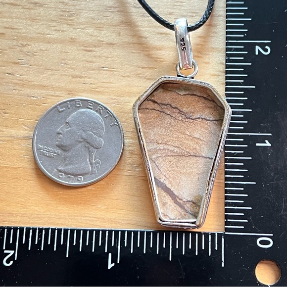 New Landscape Picture Jasper Stone Coffin Silver Overlay Pendant Necklace w Cord - Picture 3 of 6